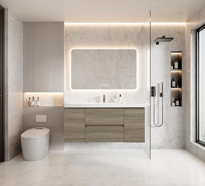 48 Inch Floating Bathroom Vanity with Sink, Large Storage Wall Mounted Floating Vanity with Soft Close Drawers, One-Piece Basin Bathroom Sink Cabinet (Ash Grey, 48 Inch)