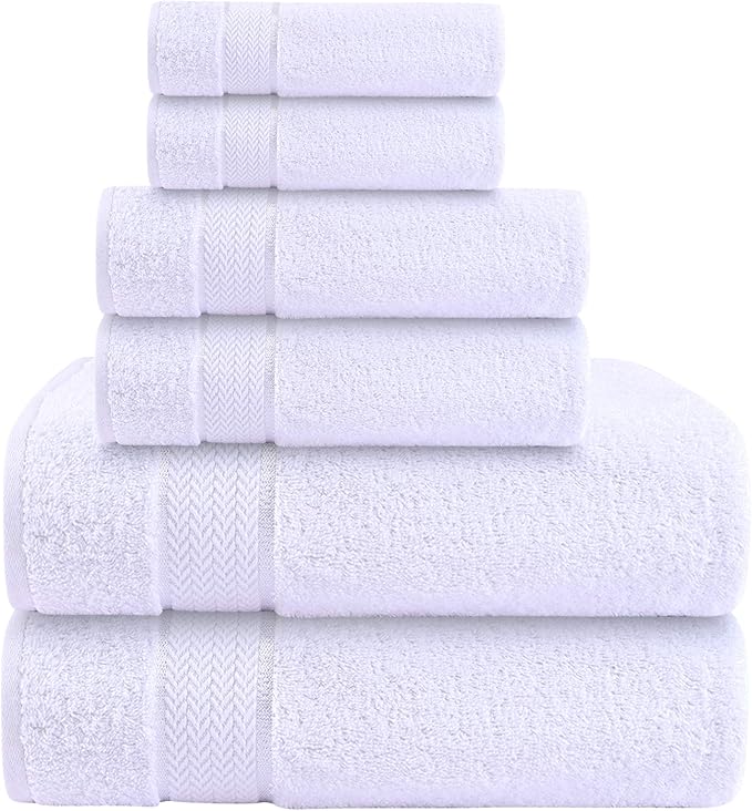 6 Piece 100% Cotton Bath Towel Set - 2 Bath - 2 Hand - 2 Face, White | 100% Cotton • Thick & Plush • Hotel Quality • Ultra Soft • Highly Absorbent • Quick Dry • Low Lint • Machine Washable