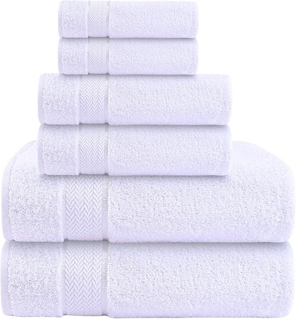6 Piece 100% Cotton Bath Towel Set - 2 Bath - 2 Hand - 2 Face, White | 100% Cotton • Thick & Plush • Hotel Quality • Ultra Soft • Highly Absorbent • Quick Dry • Low Lint • Machine Washable