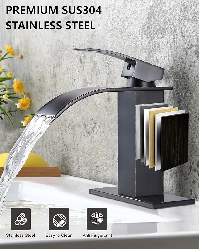 Midanya Waterfall Spout Bathroom Faucet Single Handle 1 Hole Bathroom Sink Faucet,Modern RV Lavatory Vanity Basin Tap with Water Hose,No Drain,Short Body,Oil Rubbed Bronze