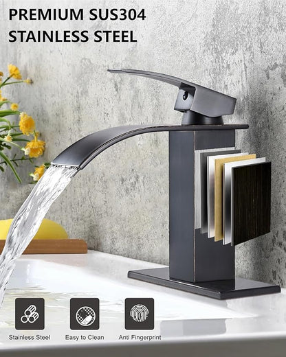 Midanya Waterfall Spout Bathroom Faucet Single Handle 1 Hole Bathroom Sink Faucet,Modern RV Lavatory Vanity Basin Tap with Water Hose,No Drain,Short Body,Oil Rubbed Bronze