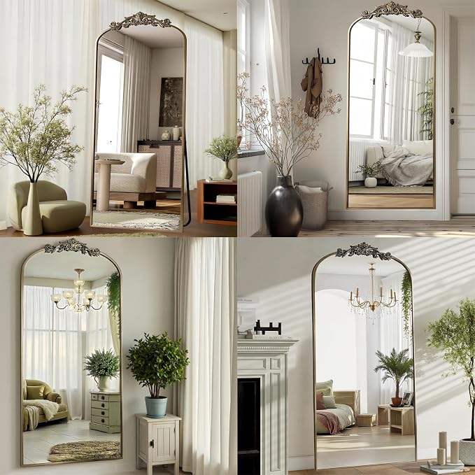 Dewfig Arched Full Length Mirror, 71"x28" Floor Mirror with Carved, Bronze | Antique Full Body Mirror, HD Shatterproof Tempered Glass, Lean/Stand/Wall for Bedroom, Living Room, Cloakroom, Home Decor