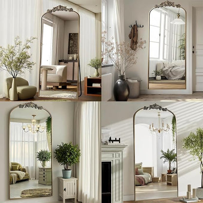Dewfig Arched Full Length Mirror, 71"x32" Floor Mirror with Carved, Bronze | Antique Full Body Mirror, HD Shatterproof Tempered Glass, Lean/Stand/Wall for Bedroom, Living Room, Cloakroom, Home Decor