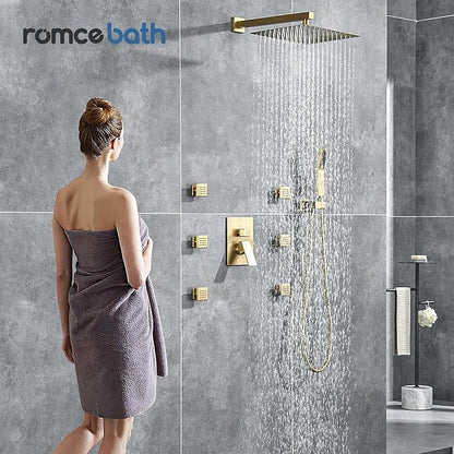 Rain Shower System With Complete 6 Pcs Body Sprays Jets And Pressured Balance Rough-in Valve,12Inch Rainfall Shower Head And Handheld, Modern Brushed Gold Wall Mount Shower Faucets Sets