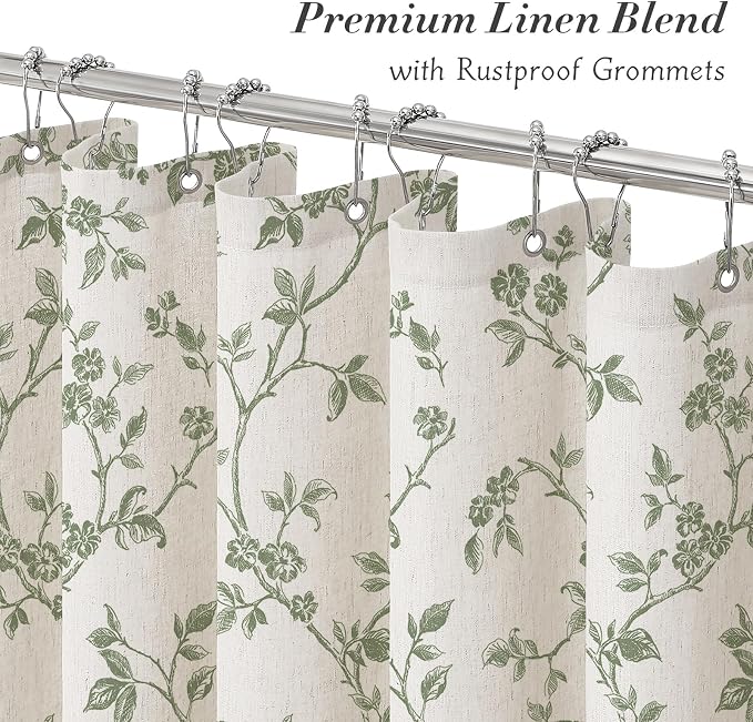 MitoVilla Sage Green Linen Floral Shower Curtain for Bathroom, 72 x 72 | Sage Green BoHo Cottagecore Spring Shower Curtains, Modern Farmhouse Country Plant Leaves Bathroom Décor, 72 x 72