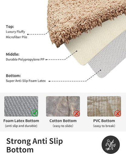 ILANGO Beige Bathroom Rugs 36" × 24" Non Slip & Super Absorbent Extra Thick Soft, Washable Bath Mat for Floor, Microfiber Plush Shaggy Bath Rug with Rubber for Bathtub Shower Room Sink