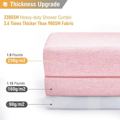 Long Linen Textured Waterproof Thick Shower Curtain Set, 72x84, Pink | Tall Size, 230GSM Polyester, Heavy Duty Cloth, Weighted Hem, 12 Plastic Hooks, Modern Luxury Hotel Style, Machine Washable