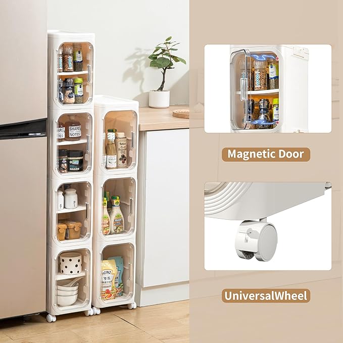 Narrow Bathroom Storage Cabinet with Wheels,5-Tier Plastic Slim Cabinets with Adjustable Shelves for Small Spaces,Bathroom, Kitchen, Cream White