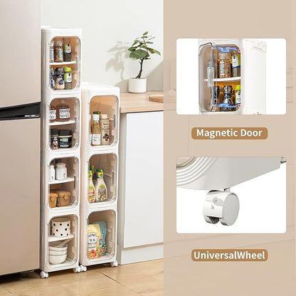Narrow Bathroom Storage Cabinet with Wheels, 4-Tier Plastic Slim Cabinets with Adjustable Shelves for Small Spaces,Bathroom, Kitchen, Milky White