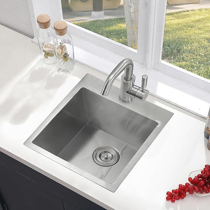 VCCUCINE Bar Sink Drop in,18 x 18 Inch Topmount RV Small Kitchen Sink,Handmade Stainless Steel Wet Bar Sink,Outdoor Single Bowl,Brushed Nickel Prep Sink with Drain