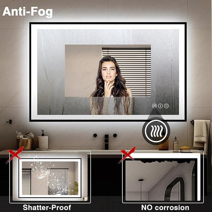 EchosLife 48x32 LED Bathroom Mirrors for Wall - Black Aluminum Framed | Black Frame, Front and Backlit, Anti-Fog, Stepless Dimmable, 3 Colors, Memory, Tempered Glass, UL Listed, Horizontal/Vertical