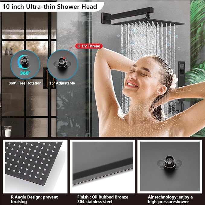 Midanya Shower Faucet Set,Wall Mount Shower System with Square Rain Shower Head and Hand Sprayer, Rough-in Valve Body and Trim Kit Included,10 Inch,Oil Rubbed Bronze