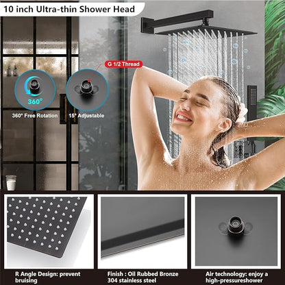 Midanya Shower Faucet Set,Wall Mount Shower System with Square Rain Shower Head and Hand Sprayer, Rough-in Valve Body and Trim Kit Included,10 Inch,Oil Rubbed Bronze