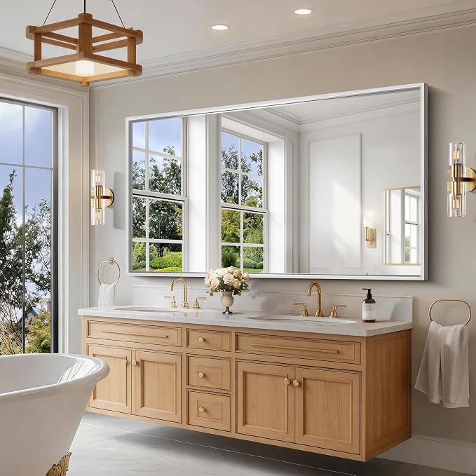 CIRCUMI 72"x40" Brushed Silver Bathroom Mirror, Double Sink Vanity Mirror | Chunky Box Metal Frame, Shatterproof, Tempered Glass, Bathroom Remodel&New Home, Large Rectangular Mirror for Living Room