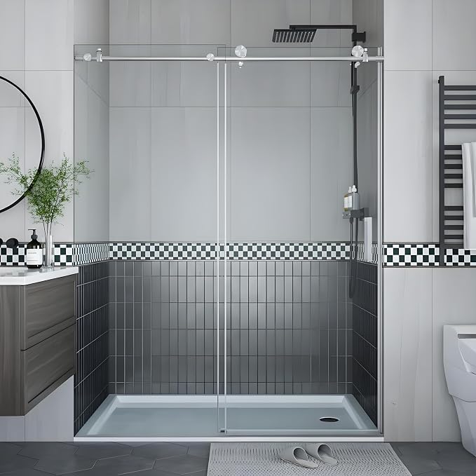 Frameless Sliding Shower Door, 56-60" Adjustable Width x 76" H, with Round Stainless Steel Rail & 55mm Rollers, 6mm Tempered Glass, Brushed Finish, for Bathroom Remodel