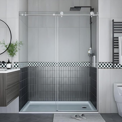 Frameless Sliding Shower Door, 56-60" Adjustable Width x 76" H, with Round Stainless Steel Rail & 55mm Rollers, 6mm Tempered Glass, Brushed Finish, for Bathroom Remodel