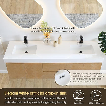 72 Inch Floating Sink Bathroom Vanity Wall Mount Double Vanities Overflow Mordern Large Storge Cabinet with Ceramic Countertop Double Soft Closing Drawers Pre-Assembled