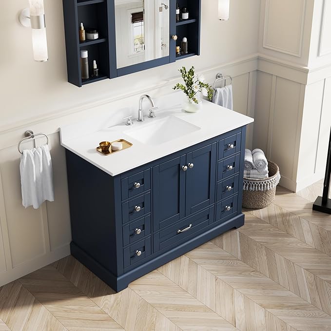 WELLFOR 48" Bathroom Vanity with Sink, Bathroom Freestanding Vanity W/ 2 Soft-Close Doors and 9 Soft-Close Drawers, Bathroom Cabinet Vanity with Cultured Marble Countertop (Navy Blue)