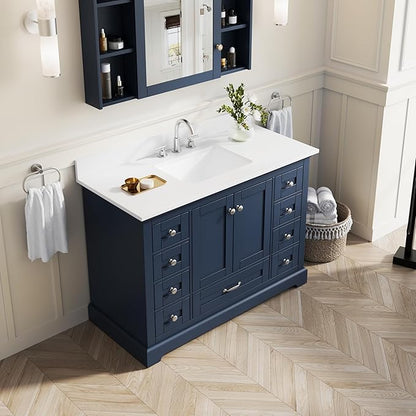 WELLFOR 48" Bathroom Vanity with Sink, Bathroom Freestanding Vanity W/ 2 Soft-Close Doors and 9 Soft-Close Drawers, Bathroom Cabinet Vanity with Cultured Marble Countertop (Navy Blue)