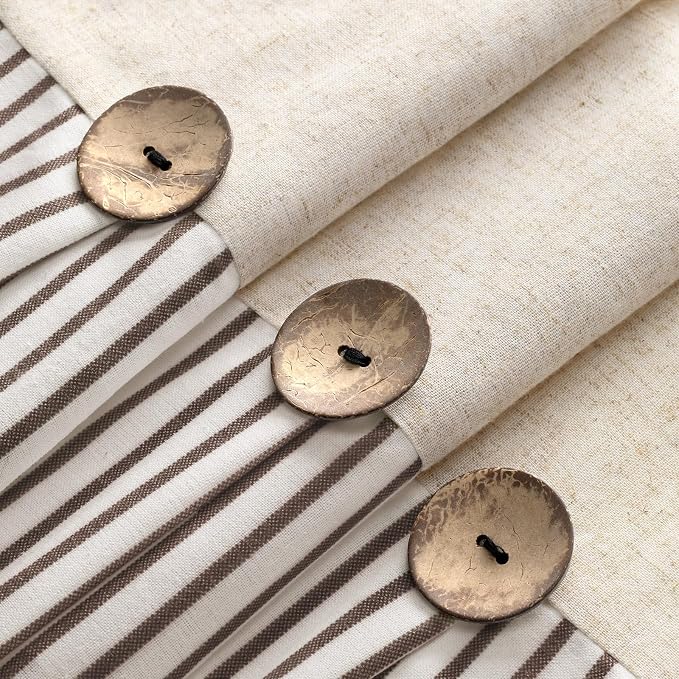 Farmhouse Shower Curtain Linen Beige Button Brown Stripe 72"W x 78"L | Farmhouse Style, Chic Button, Striped, Linen Fabric, Rustic, Country, Natural Look, Washable, for Bathroom Bathtub