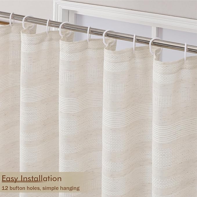 Natural Linen Shower Curtain for Bathroom, Boho Farmhouse Rustic Striped Shower Curtain with Tassel, Textured Heavy Duty Vintage Country Bathroom Curtain, 72Wx72L Inches