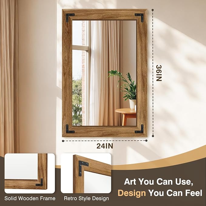 Bathroom Mirror for Wall, 24" x 36" Wooden Vanity Mirror | Solid Wood Frame, Rustic Farmhouse Style, Shatterproof Glass, for Bedroom, Living Room, Entryway Decor, Vertical/Horizontal