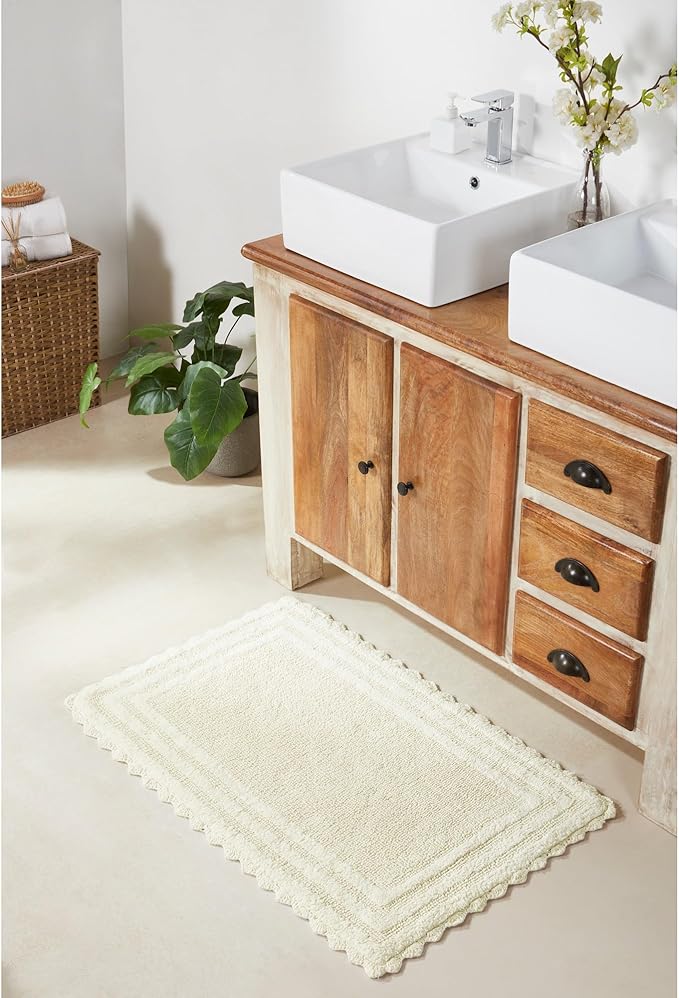 Better Trends Lilly Crochet 24x40 Reversible Bath Rugs and Bath mats for Bathroom, Luxurious 100% Cotton Bath Rug & Water Absorbent Bathroom Mat - Cream Bath Matt