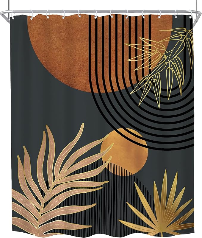 Mid Century Brown Black Boho Abstract Modern Bathroom Shower Curtain Set | 72Wx84L Plant Botanical design, waterproof HD print with fast-drying fabric and 12 hooks.
