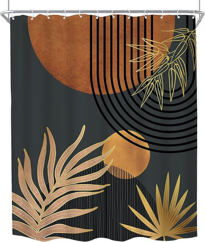 Mid Century Brown Black Boho Abstract Modern Bathroom Shower Curtain Set | 72Wx84L Plant Botanical design, waterproof HD print with fast-drying fabric and 12 hooks.