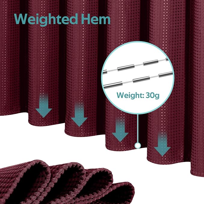 3 in 1 Shower Curtain Set, Waffle Shower Curtain and Liner Set with 12 Double Sided Shower Curtain Hooks, 258GSM Luxury Weighted Cloth Shower Curtains for Bathroom, 72 W x 72 H, Burgundy