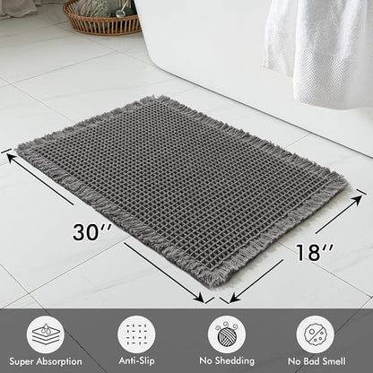 MIULEE Set of 2 Waffle Bathroom Rugs Boho Bath Mat Dark Grey 18x30 Inch | Non Slip, Super Absorbent, Washable, Ultra Soft, Rubber Backed Bath Rugs for Bathroom Floor Tub Shower