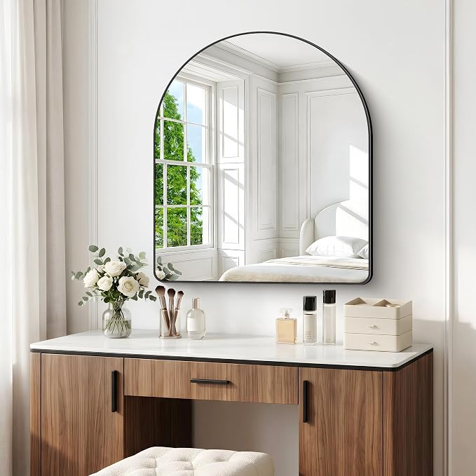 BONEWEI Arched Wall Mirror,36x40 inch Black Arched Mirror Bathroom,Vanity Mirror for Over Sink Metal Frame,Tempered Glass Arch Mirrors for Bedroom,Entryway,Living Room,Home Decor Shatter-Proof