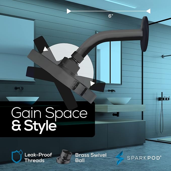 SparkPod 6" Rain Shower Head High Pressure w/ 6" Shower Arm, Charcoal Grey | High Pressure Shower Heads, 90 Nozzles, Adjustable Showerhead, No Tools Needed, Universal Connection, Gain Space & Style