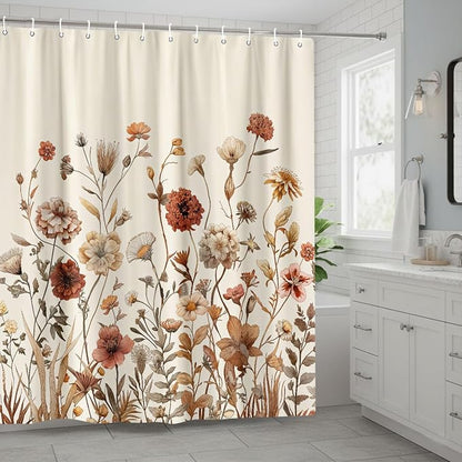 Vintage Boho Beige Floral Shower Curtain, Brown Cream Tan Rustic Farmhouse Flower Shower Curtain Set, Cute Botanical Wlidflowers Fabric Shower Curtains Decoration, 72X72 Aesthetic Bathroom Accessories