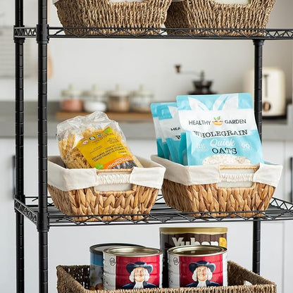 Wicker Storage Baskets with Liners, Water Hyacinth Storage Baskets with Built-in Handles Handwoven Shelf Baskets Storage Boxes Organizers for Clothes/Dresser/Bathroom/Shelves/Towels, 2 Pack