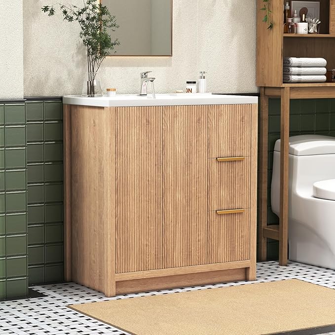 32 Inch Bathroom Vanity with Sink, Bathroom Vanity Cabinet with Single Sink, Bath Vanities with 2 Doors and 2 Drawers, Light Oak (19" D x 32" W x 36" H)