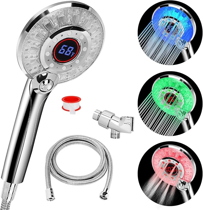 LED Shower Head Color Changing, Shower Head High Pressure with Hose | Water Saving Spray Showerheads, Discoloration Warning, Water Temperature Display, 3 Spray Modes, Easy to Install, ‎Chrome
