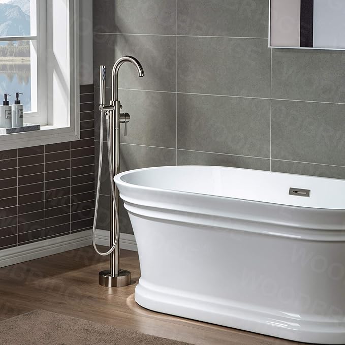 Woodbridge F0001BNRD Contemporary Single Handle Floor Mount Freestanding Tub Filler Faucet with Hand Shower in Brushed Nickel Finish