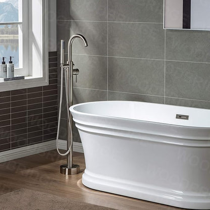 Woodbridge F0001BNRD Contemporary Single Handle Floor Mount Freestanding Tub Filler Faucet with Hand Shower in Brushed Nickel Finish