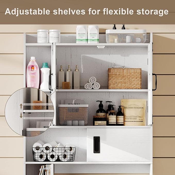 ChooChoo Over The Toilet Storage Cabinet, Farmhouse Bathroom Shelf Over Toilet with Adjustable Shelves, Above Toilet Storage Cabinet with Sliding Door for Bathroom, Laundry Room, Antique White