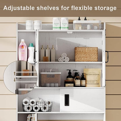 ChooChoo Over The Toilet Storage Cabinet, Farmhouse Bathroom Shelf Over Toilet with Adjustable Shelves, Above Toilet Storage Cabinet with Sliding Door for Bathroom, Laundry Room, Antique White