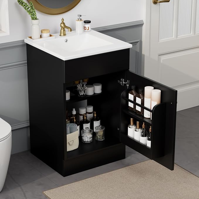 Christopher Knight Home Vanes Wood Frame 20" Bathroom Vanity with Ceramic Sink, Cabinet with Soft-Closing Door Shelf and Adjustable Shelf, Open Back, Metal Hardware, Storage/Organizer, Black