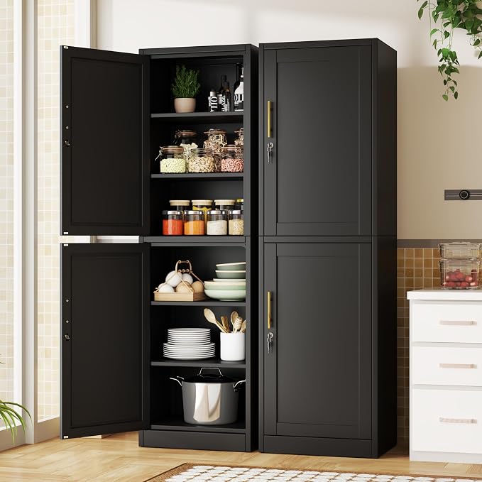 Tall Metal Narrow Bathroom Storage Locker Cabinet 67" H, Tall Black Pantry Cabinets with 4 Adjustable Shelves and 2 Lockable Doors for Kitchen, Home Office, Living Room, Dining Room