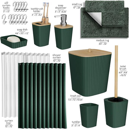 Clara Clark Bathroom Set, Bathroom Sets with Shower Curtain and Rugs | 22 Piece Hunter Green Bathroom Accessories Set with Toothbrush Holder, Soap Dispenser, Soap Dish, Toilet Brush, and Trash Can