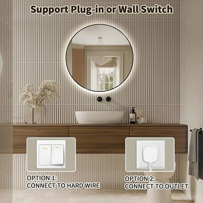 Niccy Round LED Bathroom Mirrors, Black Framed Backlit Vanity Mirror, 24" | LED Smart Circle Mirror with 3 Color Lighting, Anti-Fog Lighted, IP65 Waterproof, Wall Mounted Bathroom Vanity