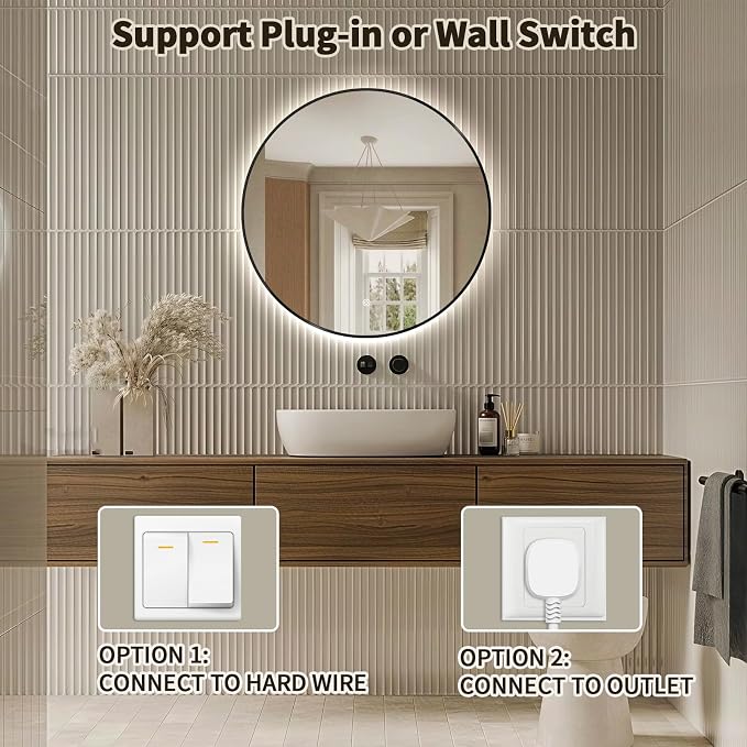 Niccy Round LED Bathroom Mirrors, Black Framed Backlit Vanity Mirror, 44" | LED Smart Circle Mirror with 3 Color Lighting, Anti-Fog Lighted, IP65 Waterproof, Wall Mounted Bathroom Vanity