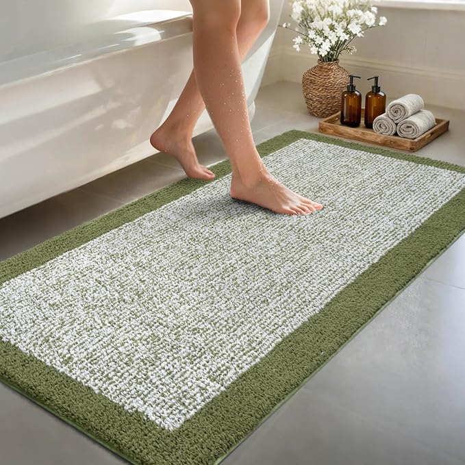 60x24 Long Bathroom Rugs Washable Non Slip, Olive Green Bath Mat for Bathroom Floor Tub, Soft Absorbent Quick Dry Mats for Shower,Bathtub,Home Decor