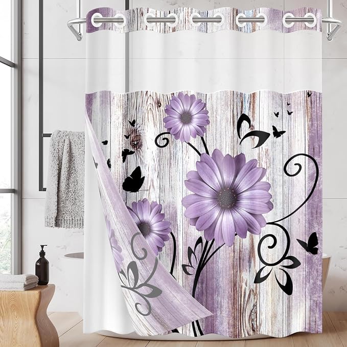 No Hook Shower Curtain with Snap in Liner 71x74 Inch Purple Daisy | Farmhouse Flower Rustic Modern Double Layers Waterproof Fabric with See Through Top Window Open Grommet Bath Curtain