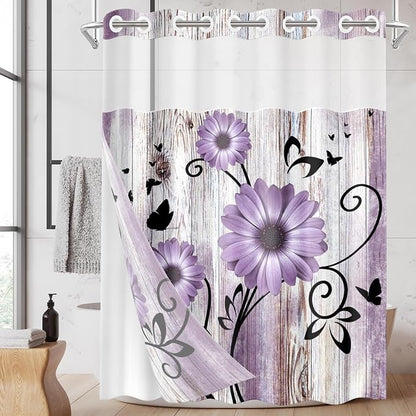 No Hook Shower Curtain with Snap in Liner 71x74 Inch Purple Daisy | Farmhouse Flower Rustic Modern Double Layers Waterproof Fabric with See Through Top Window Open Grommet Bath Curtain