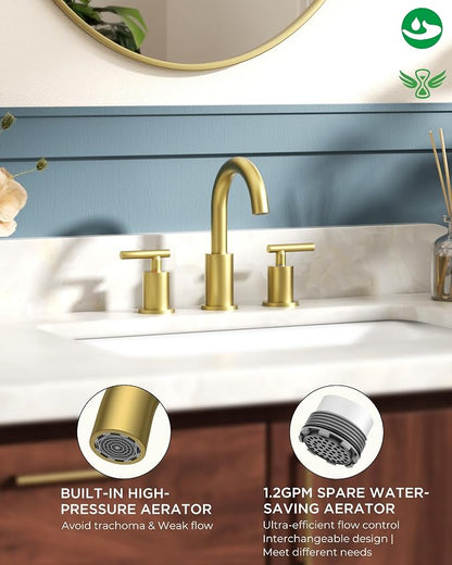 FORIOUS 8 Inch Brushed Gold Bathroom Faucet 3 Hole, Widespread Gold Faucet | Widespread Gold Sink Faucet Bathroom with 360° Swivel Spout, 2 Handle Gold Vanity Faucet 3 Holes with Water Saving Aerator